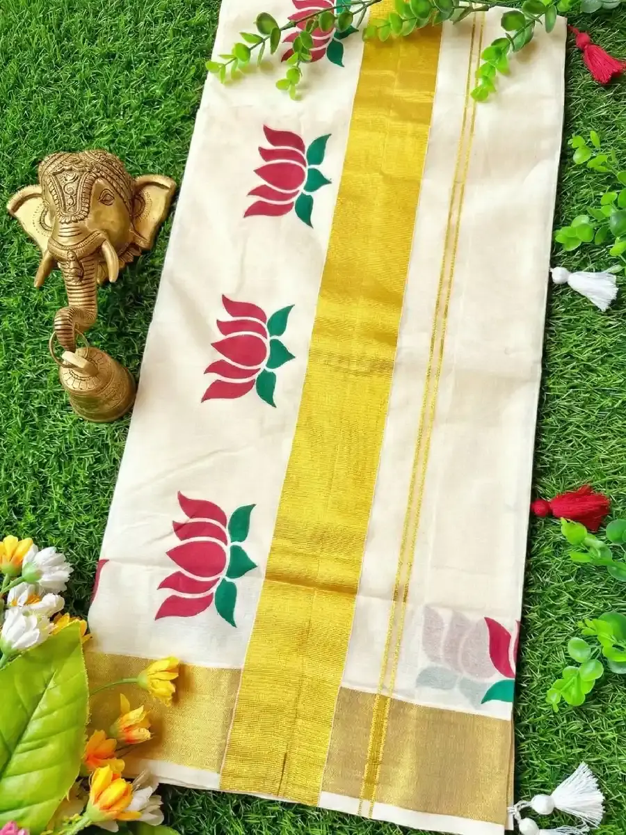 Thumbnail: Lotus Kasavu Cotton Saree with Tussel maroon view