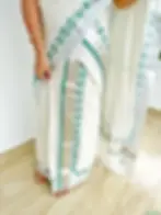 Green Lotus Floral Stripe Silver Kasavu Cotton Setmundu bottom portion view