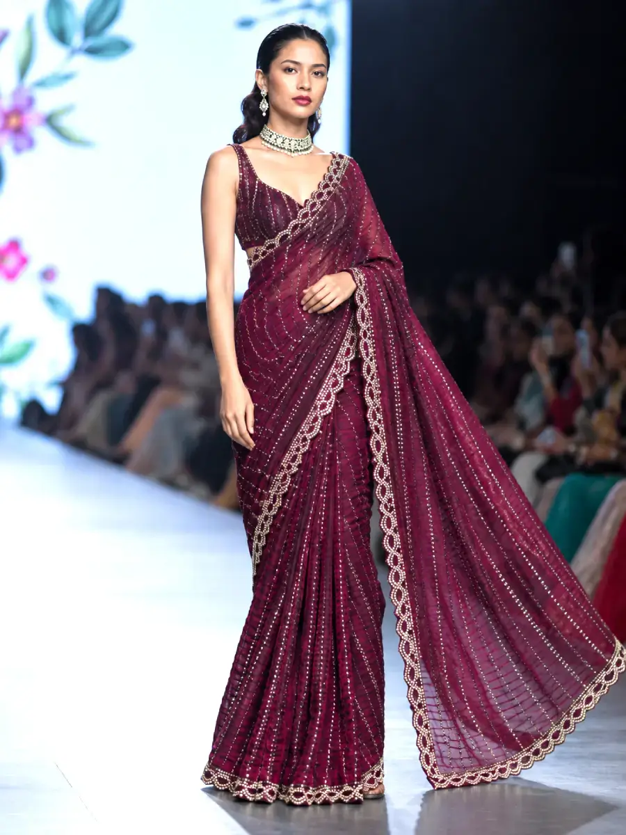 Bollywood Dark Wine Satin Silk Saree with Swarovski & Sequin Work main view