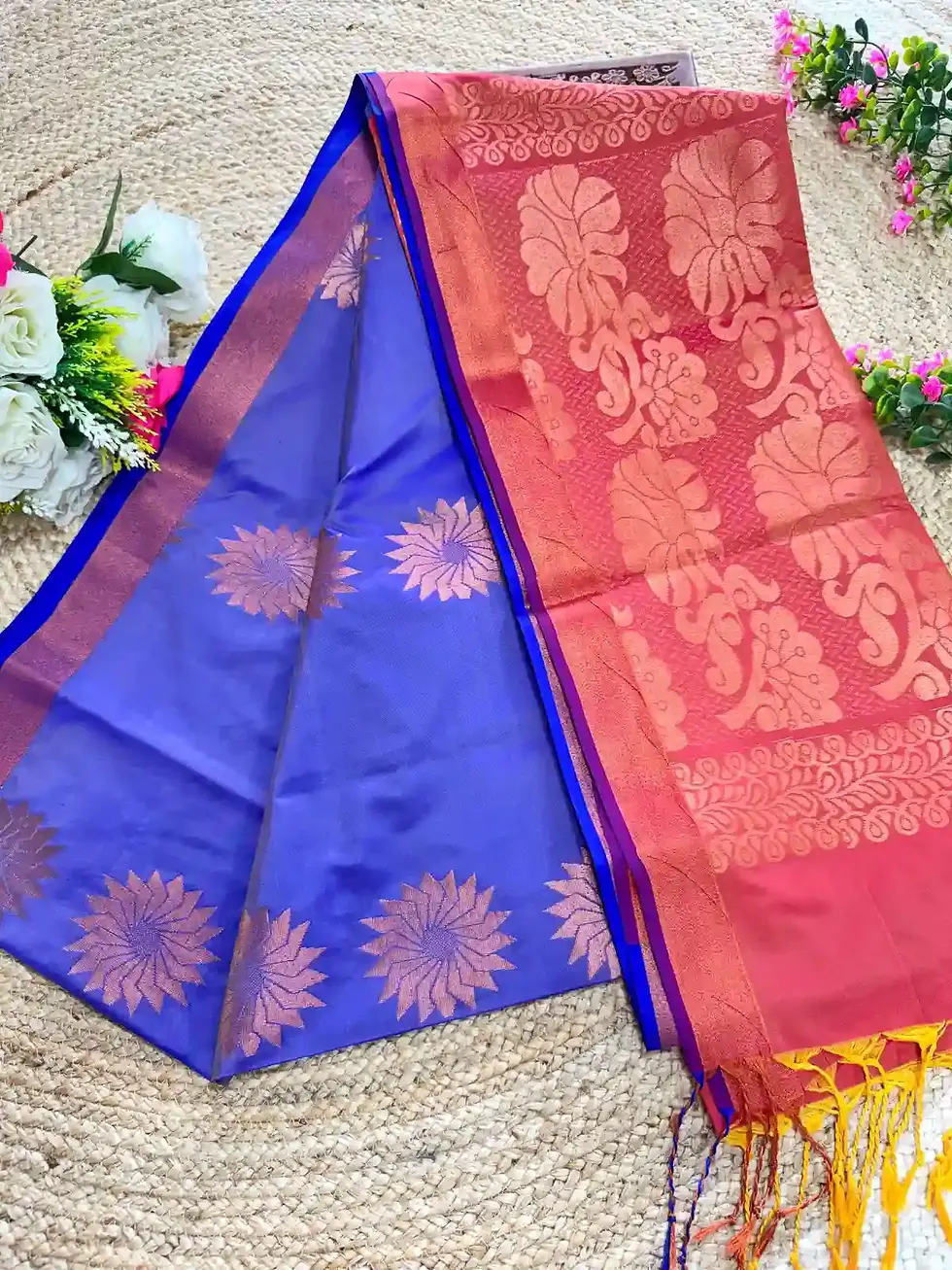 Double Shade Blue Flower Zari  Pure Soft Silk Saree main view
