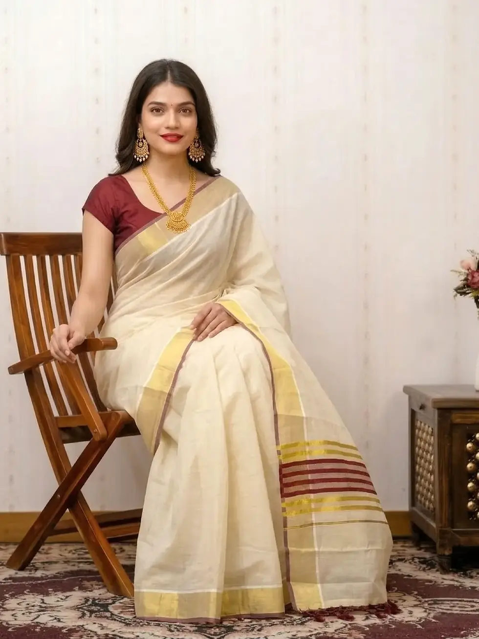 Kasavu Tissue Saree with Maroon Border and Stripes model sitting view
