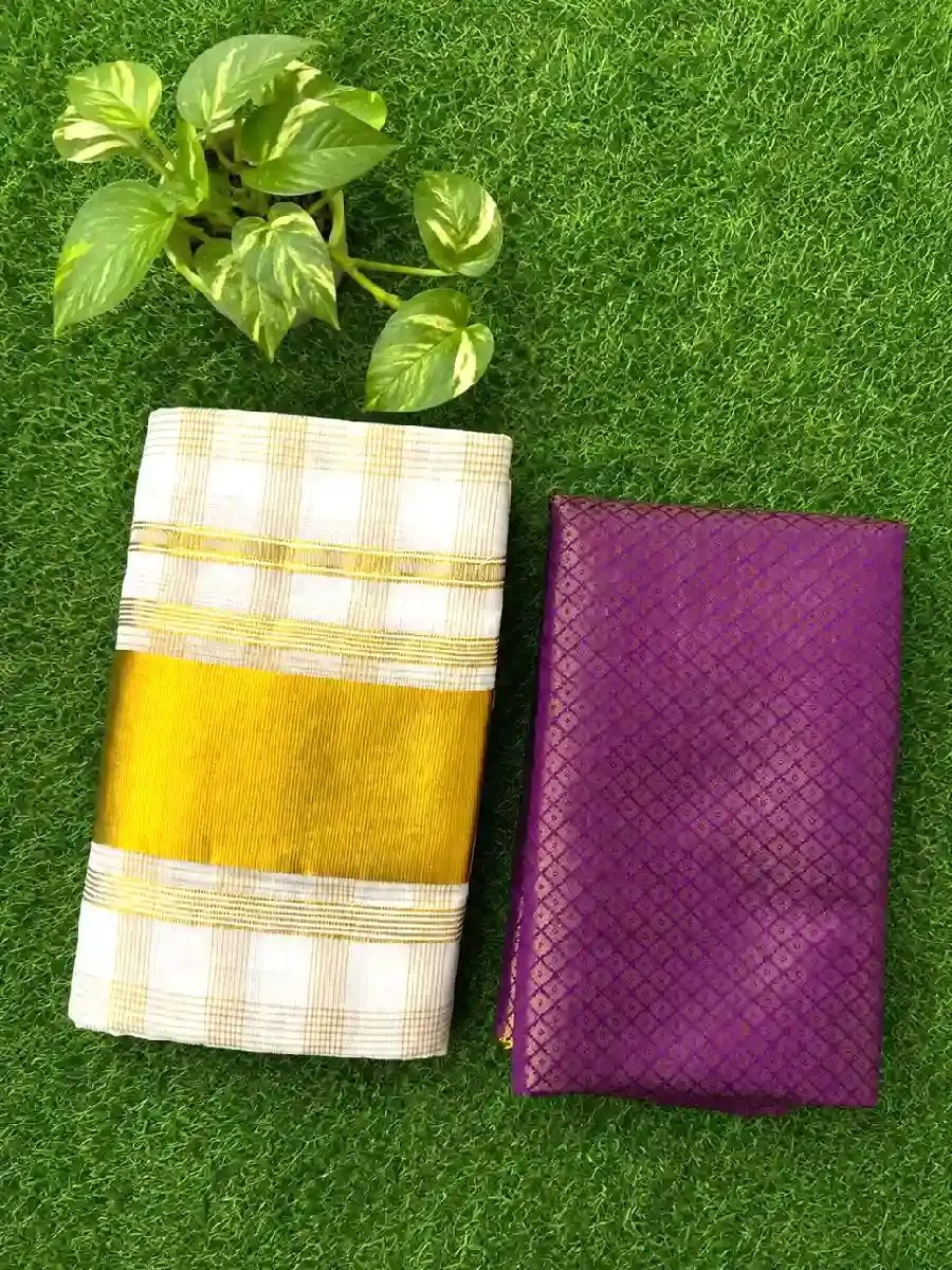 Golden Check Cotton Kerala Kasavu Set Mundu folded view