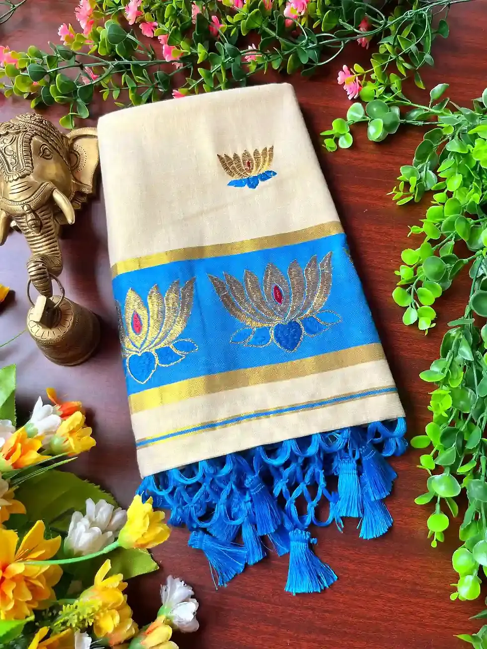 Premium Tamara Ocean Blue Embroidery Tussel Tissue Balaramapuram Saree folded view