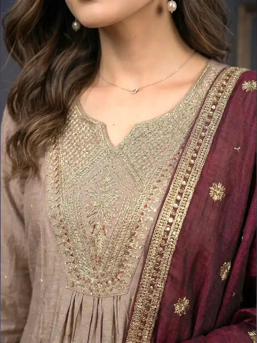 Thumbnail: Taupe Silk Blend Anarkali Suit with Wine Embroidered Dupatta & Pants closeup view