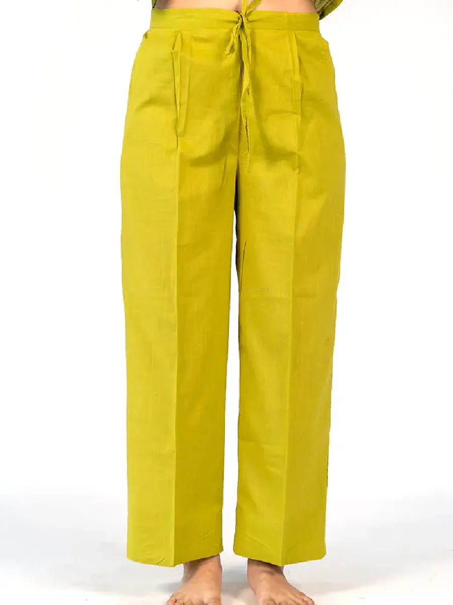 Thumbnail: Lime Green Chandheri Silk Kurta Set with Floral Embroidery & Scalloped Dupatta bottom pant view