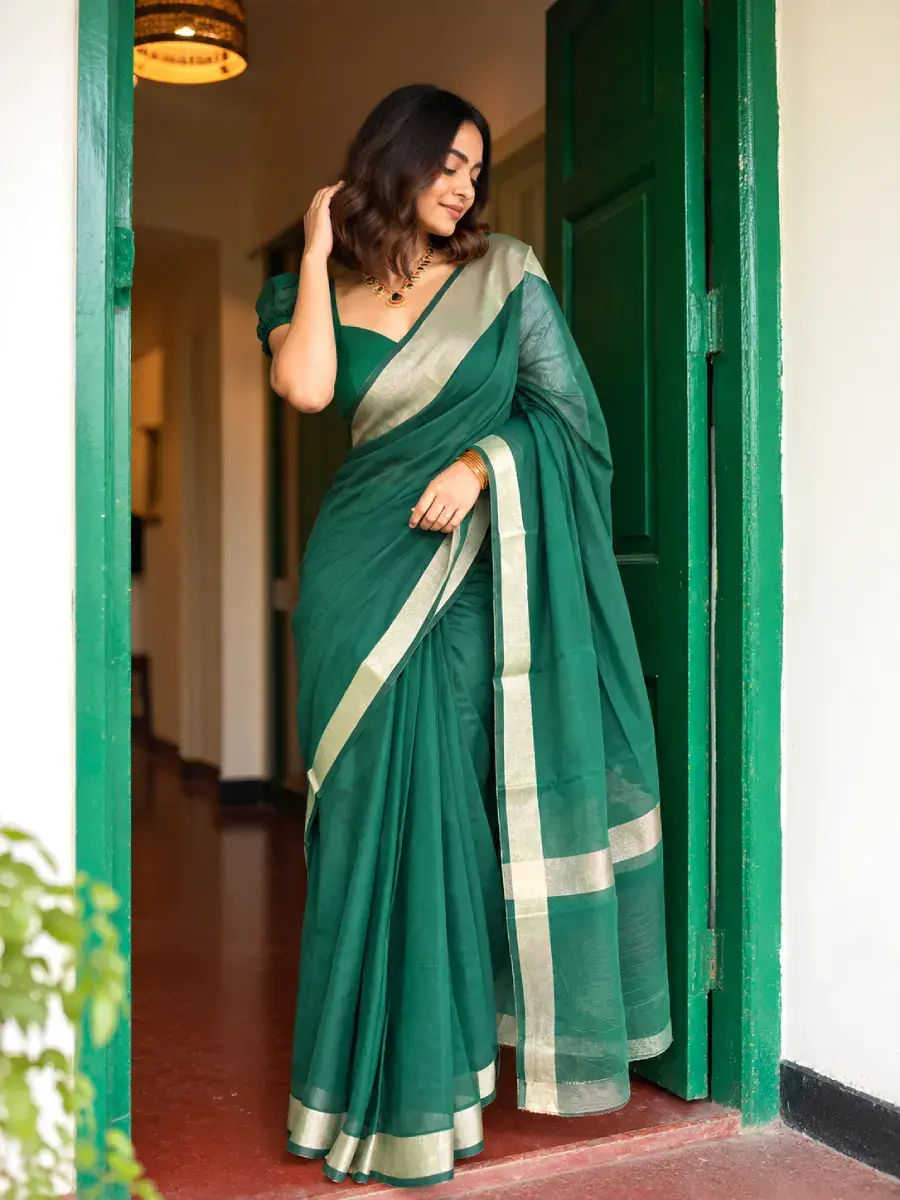 Thumbnail: Bottle Green Plain Cotton Saree with Zari Border full view
