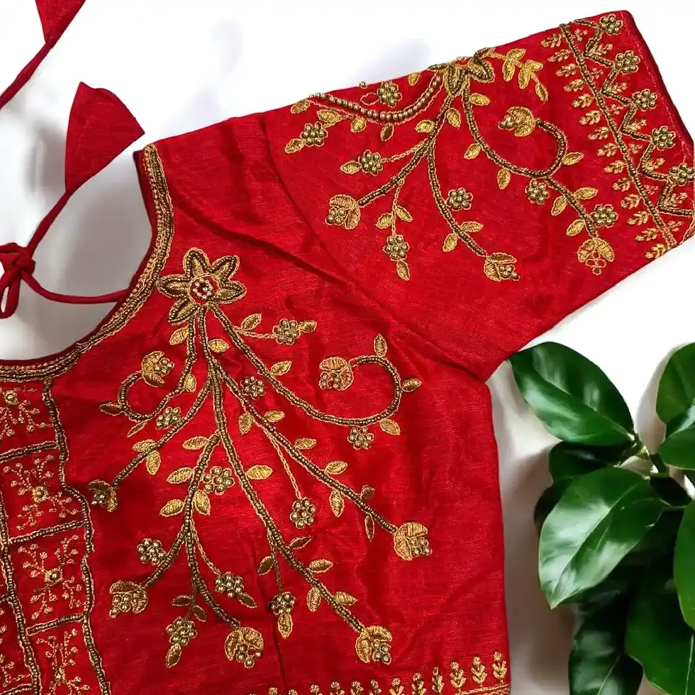 Poppy Red Heavy Worked Luxury Readymade Blouse side view