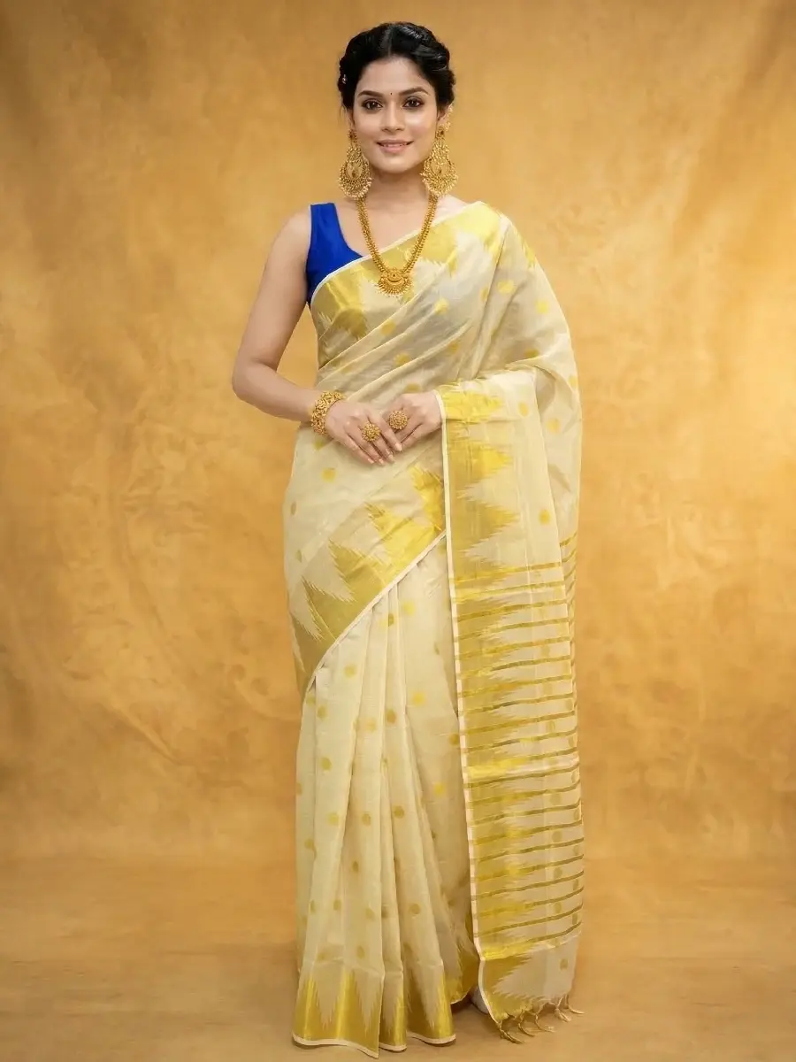 Polka Dot Zari and Gold Kasavu Tissue Handloom Saree main view