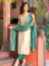 Beige Tissue Kurta Set with Teal Embroidered Dupatta & Trousers full view