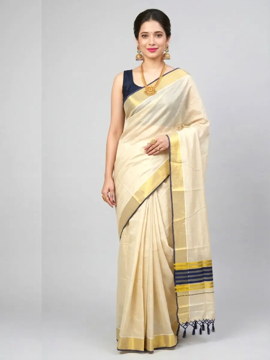 Kasavu Tissue Saree with Berry Blue Border and Stripes main view