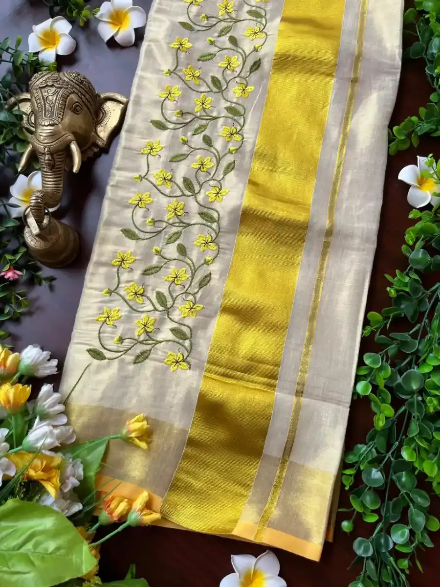 Kanikkona embroidery Vishu Kasavu Saree with Orange Border pallu view