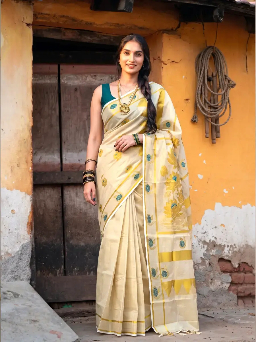 Turquoise Butta Peacock Lotus Zari Woven Kasavu Tissue Premium Saree main view