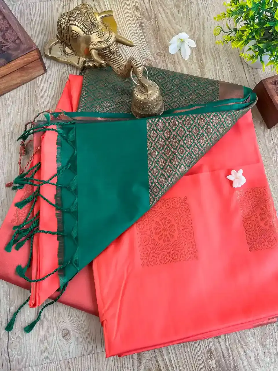 Peach Orange Kanchipuram Silk Saree with Blouse top view