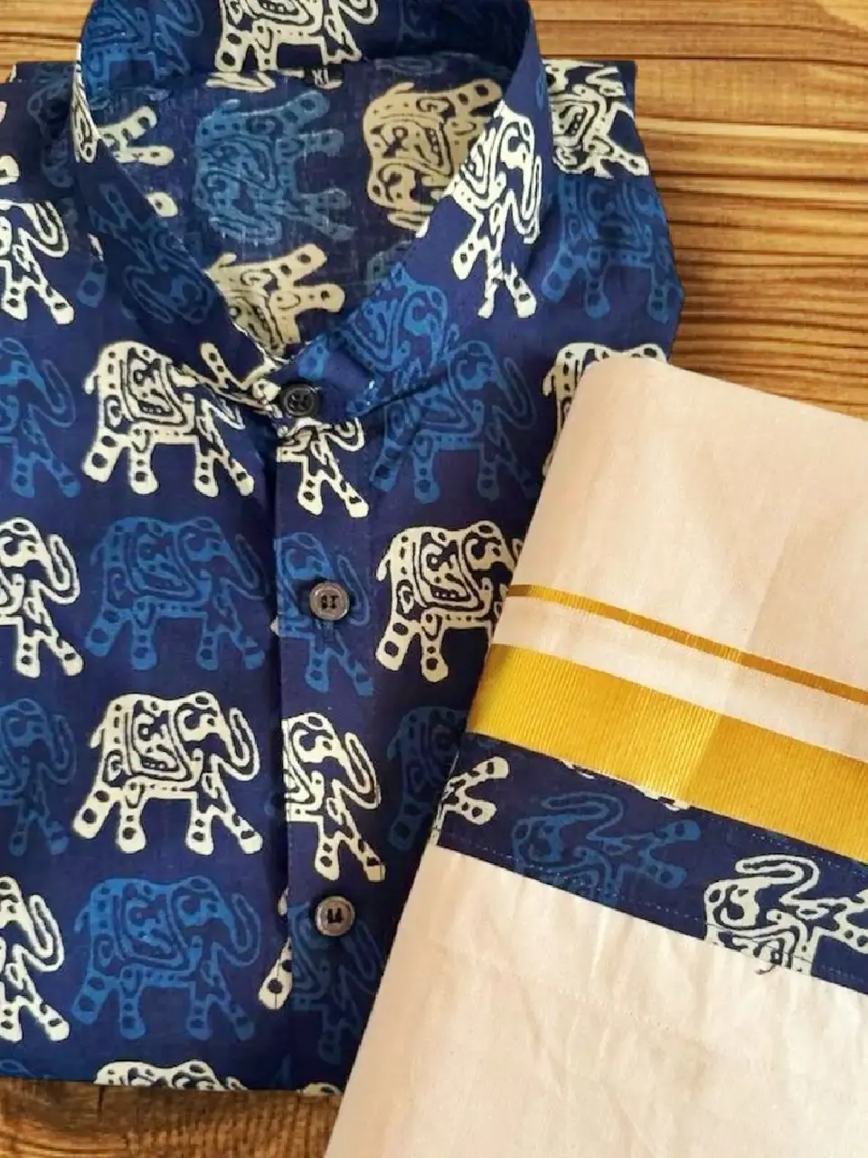Prussian Blue Gajah Ajrak Kasavu Mundu and Shirt Combo Set closeup view