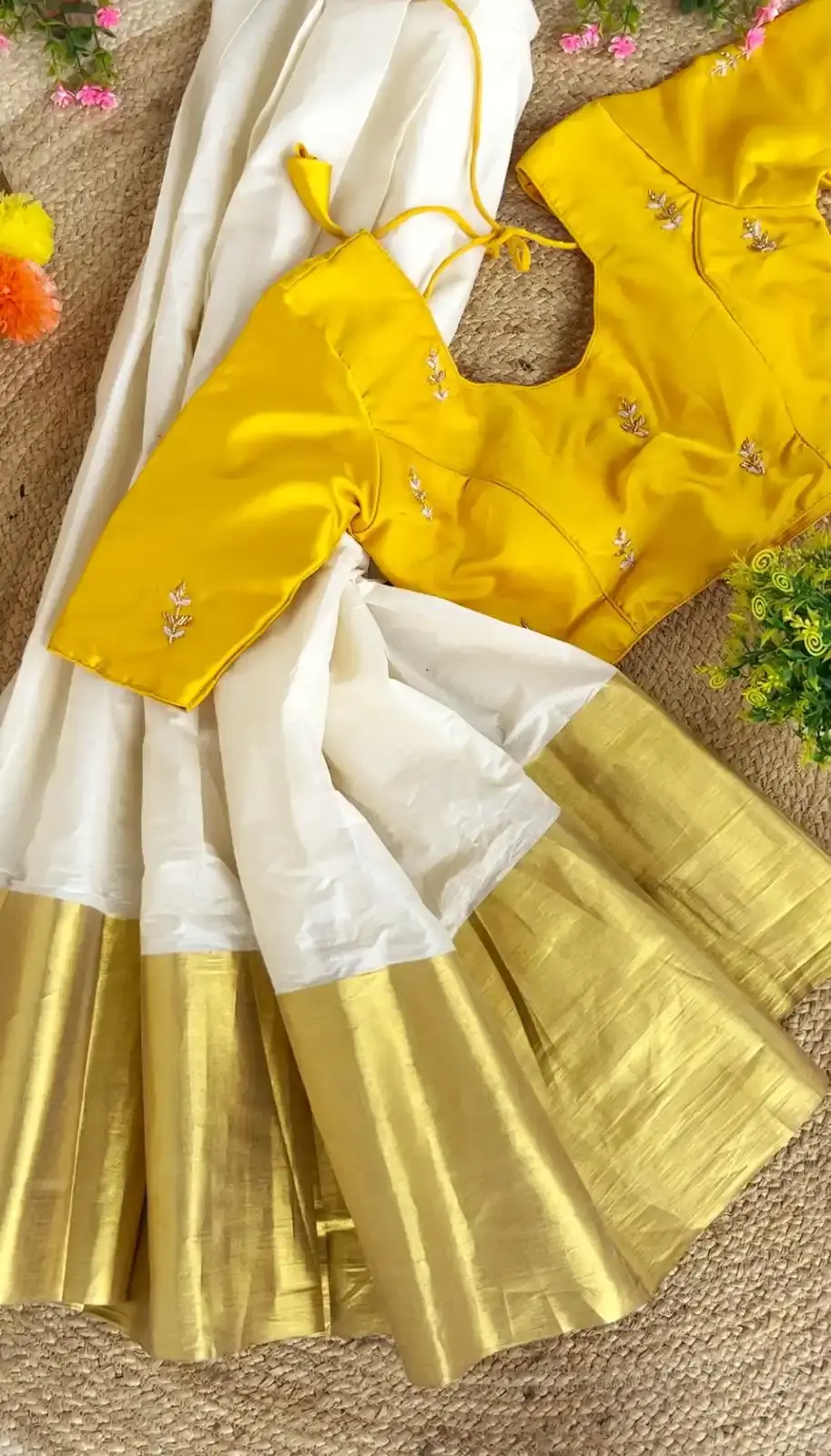 Thumbnail: Golden Yellow Kasavu Skirt and Top top view