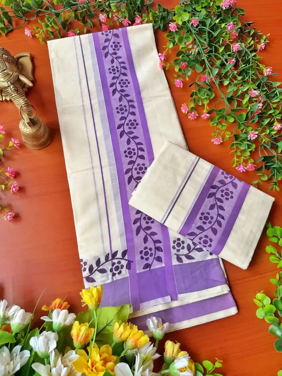 Lavender Floral Creeper Cotton Set Mundu partial fold view