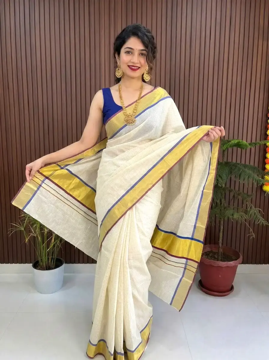 Thumbnail: Berry Blue  & Purple Tiny Checks Kasavu Saree full view