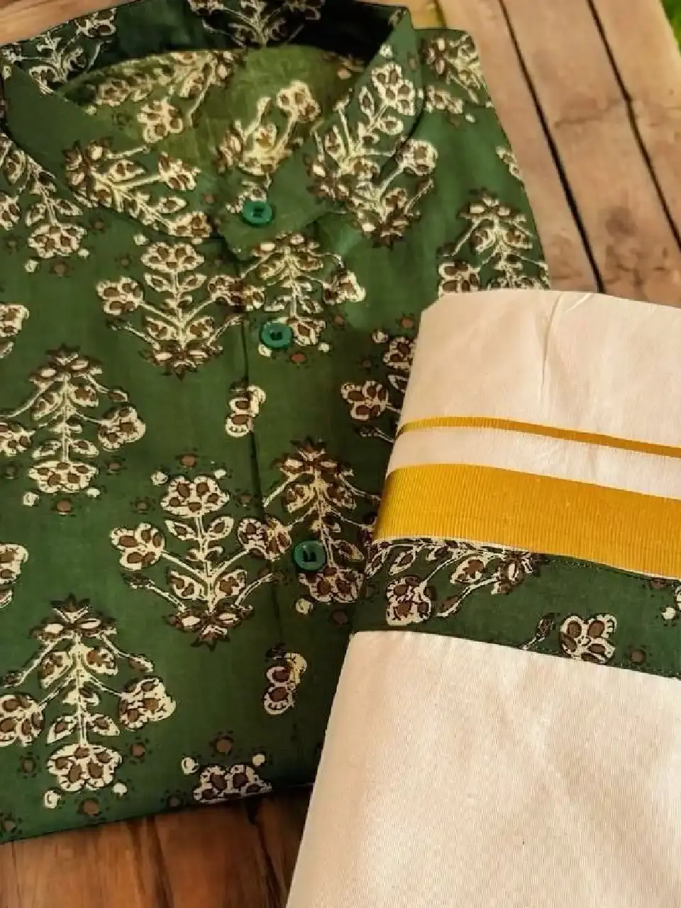 Pea Green Ajrak Shirt and Kasavu Mundu Combo Set closeup view