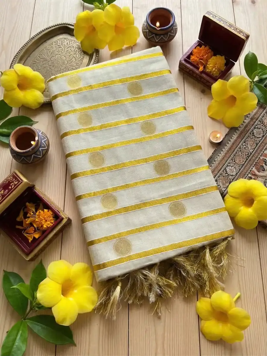 Polka Dot Zari and Gold Kasavu Tissue Handloom Saree folded view