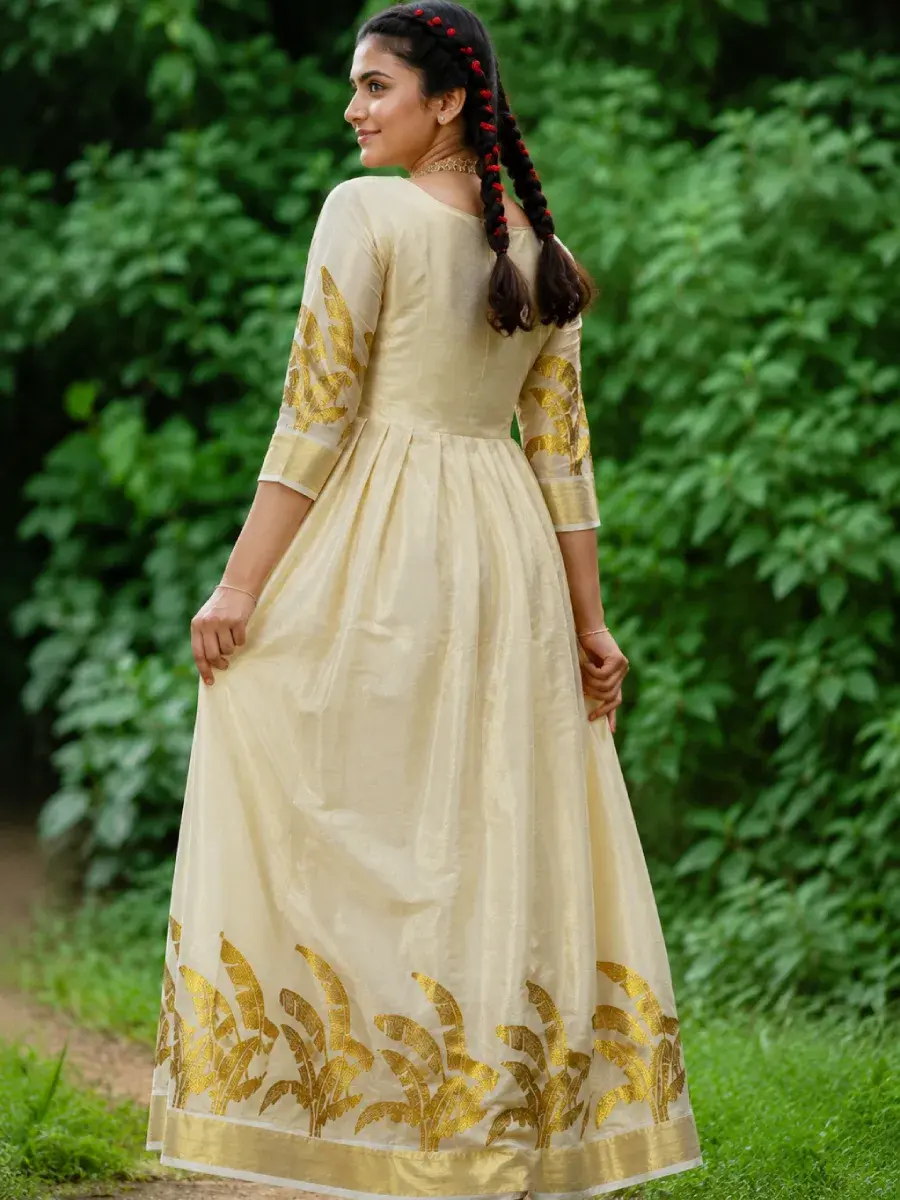 Thumbnail: Golden Feather Embroidery Kasavu Tissue Anarkali Kurti