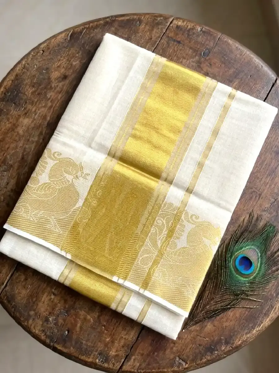 Premium Golden Tissue Saree with Mayura Zari Border top view