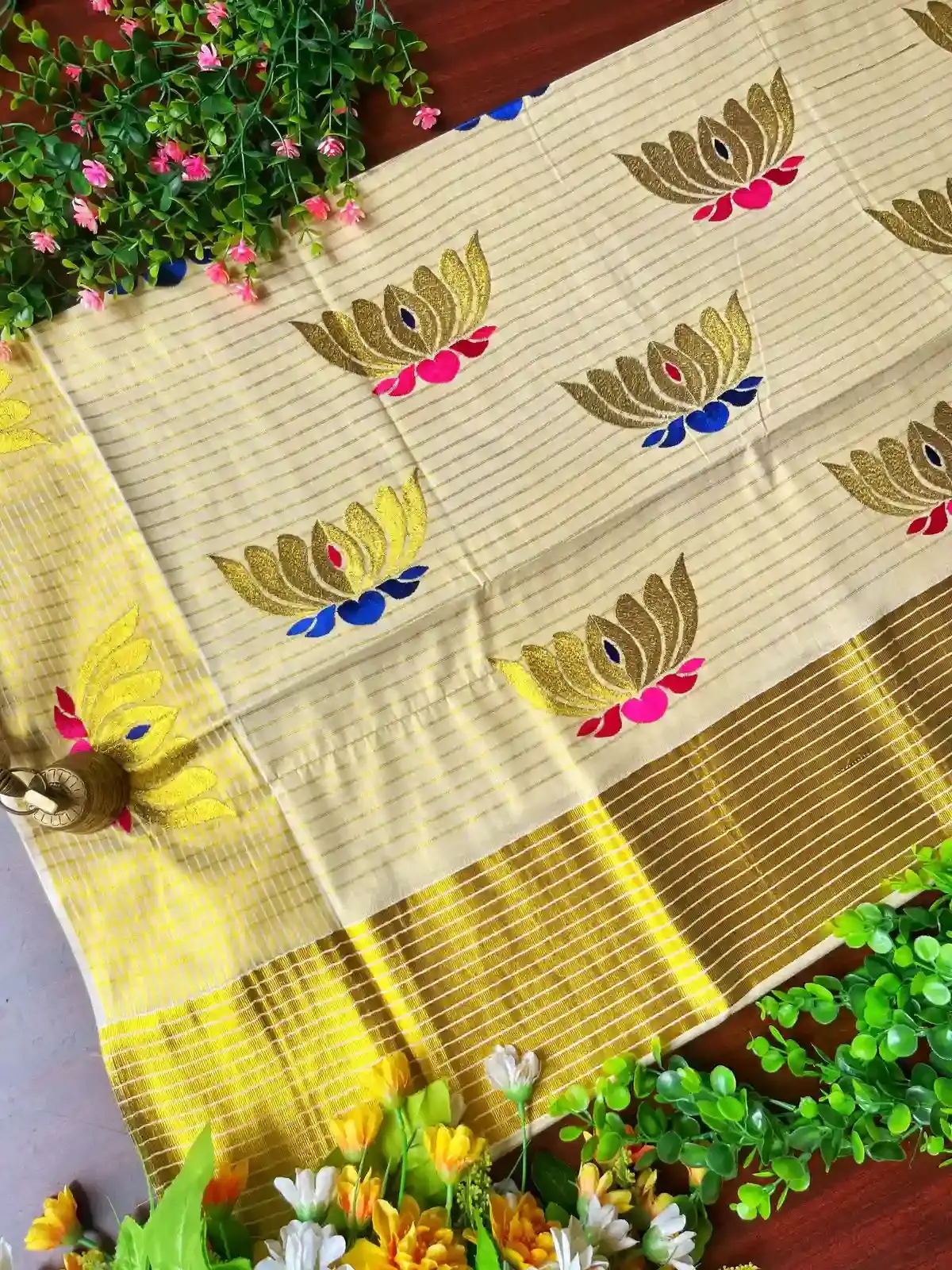 Onam Tamara Embroidery Zari Work Golden Stripe Tissue Saree main view