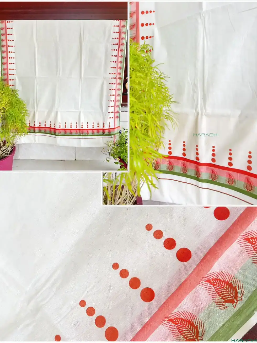 Leaf Dotto Designer Orange and Green Pure Cotton Kuthampully Saree