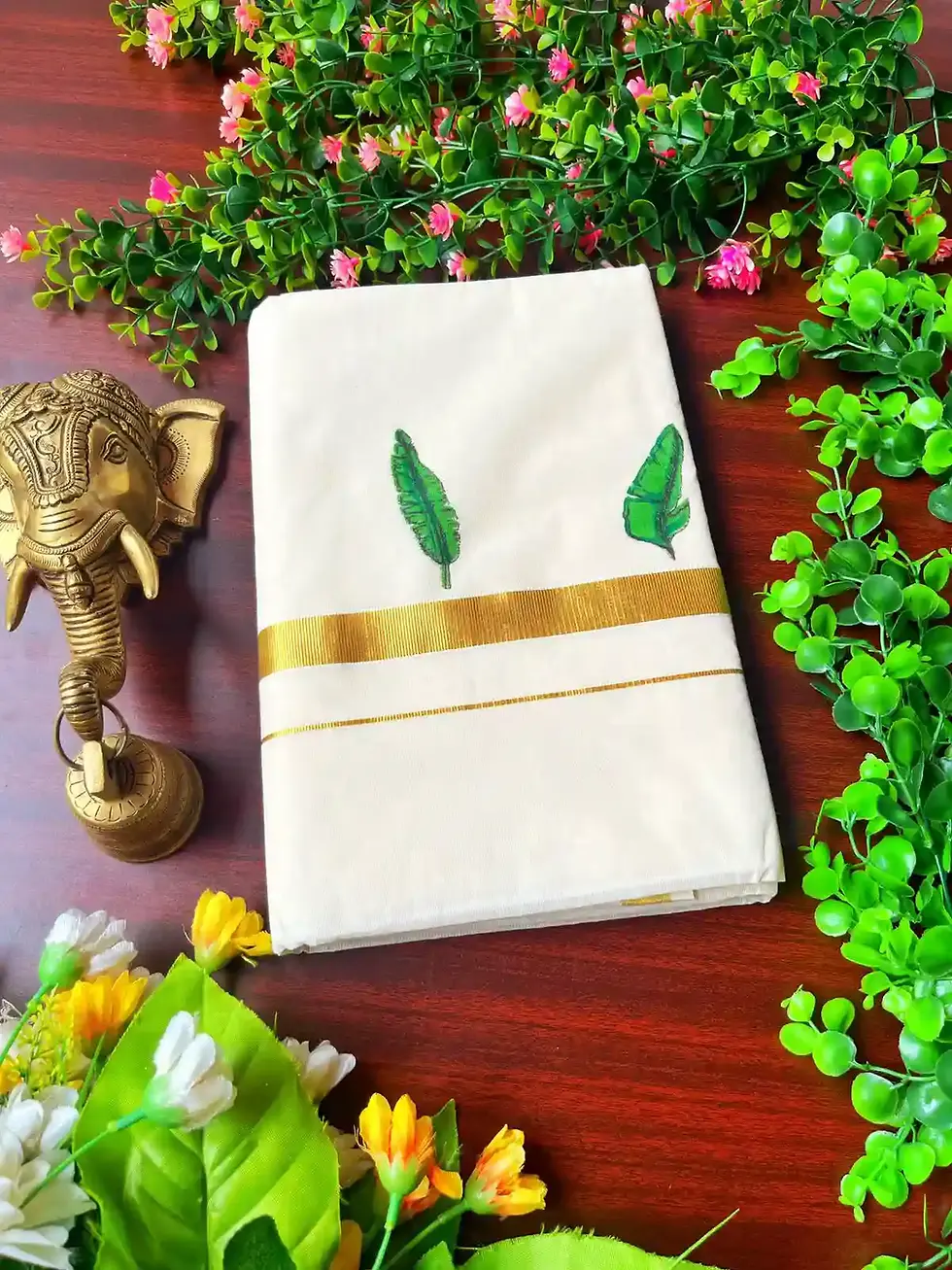 Thumbnail: Banana Leaf Designer Kasavu Cotton Saree folded view