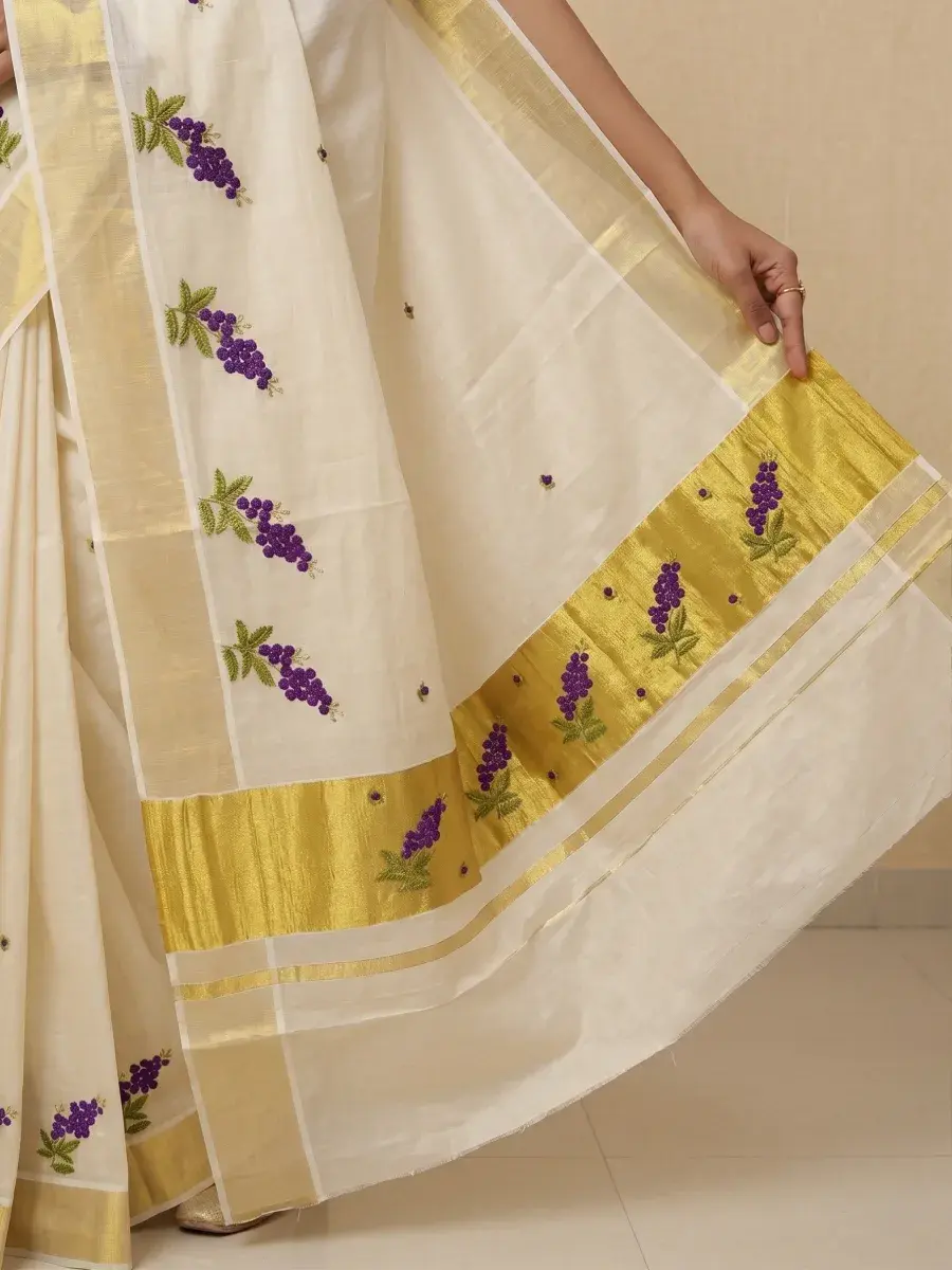Purple Grape Embroidery Kasavu Tissue Saree pallu view