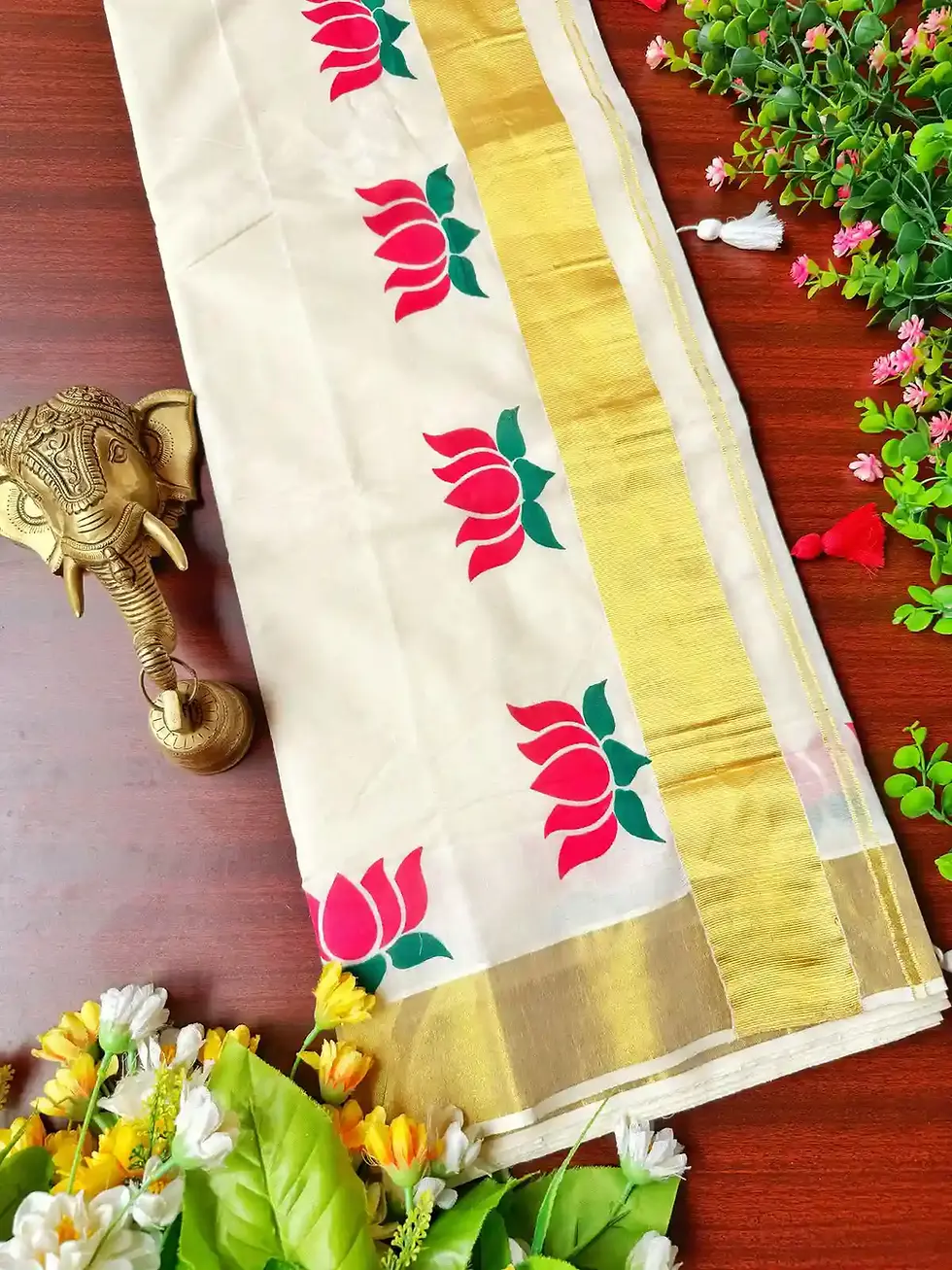 Thumbnail: Lotus Kasavu Cotton Kerala Saree with Tussel