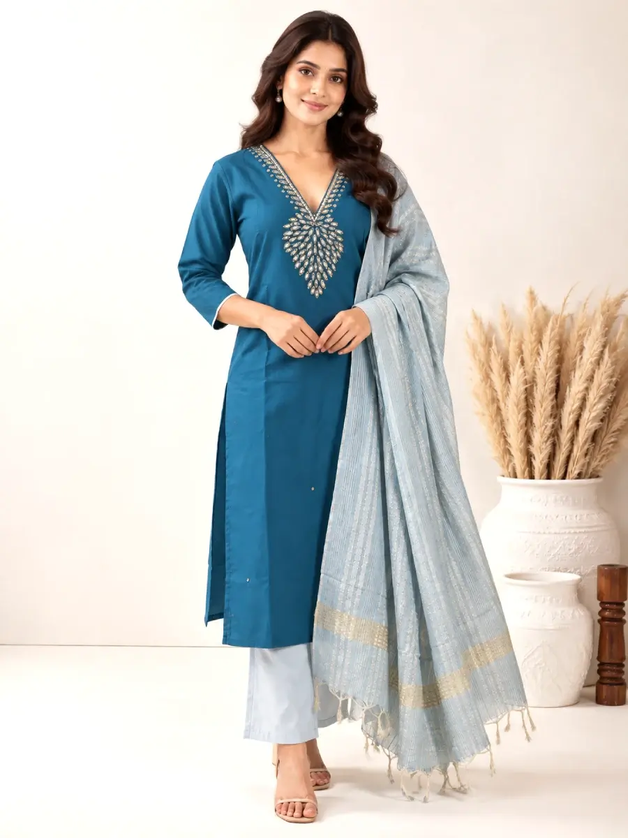 Stone Work Teal 3 Piece Kurta Set with V Neckline main view