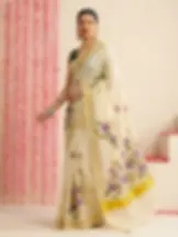 Multi-Color Bloom Embroidery Kasavu Tissue Saree side view