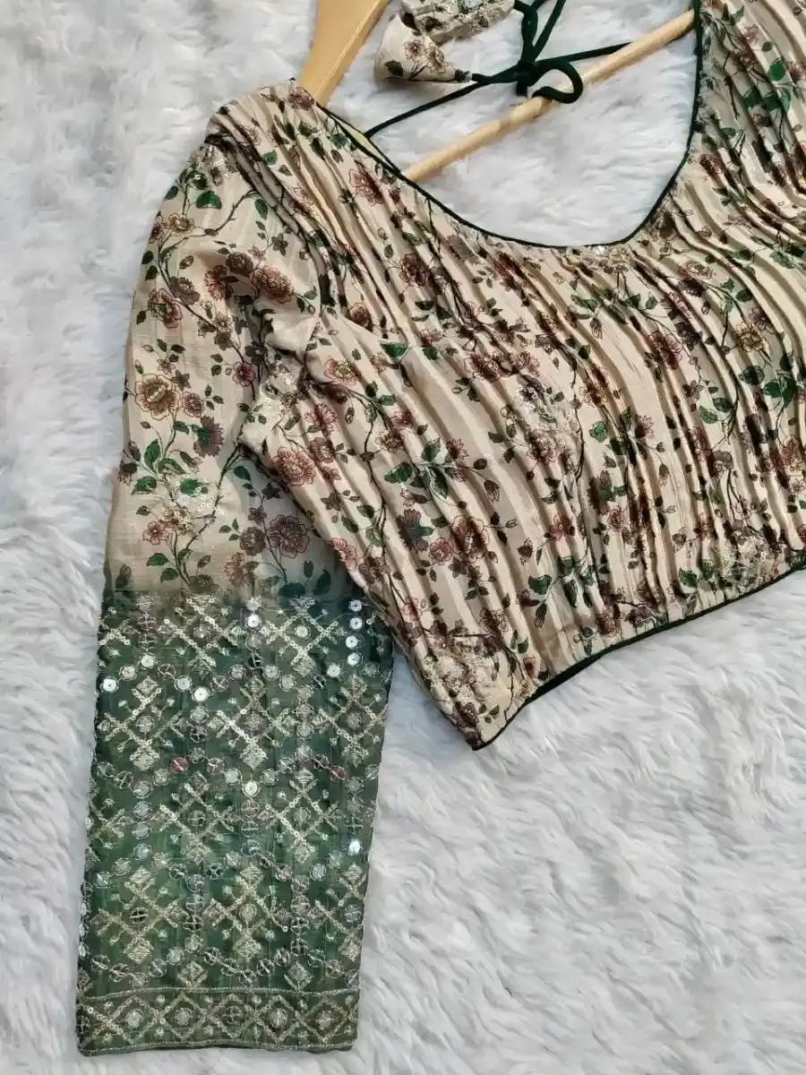 Floral Georgette Readymade Blouse with Beige and Green top view