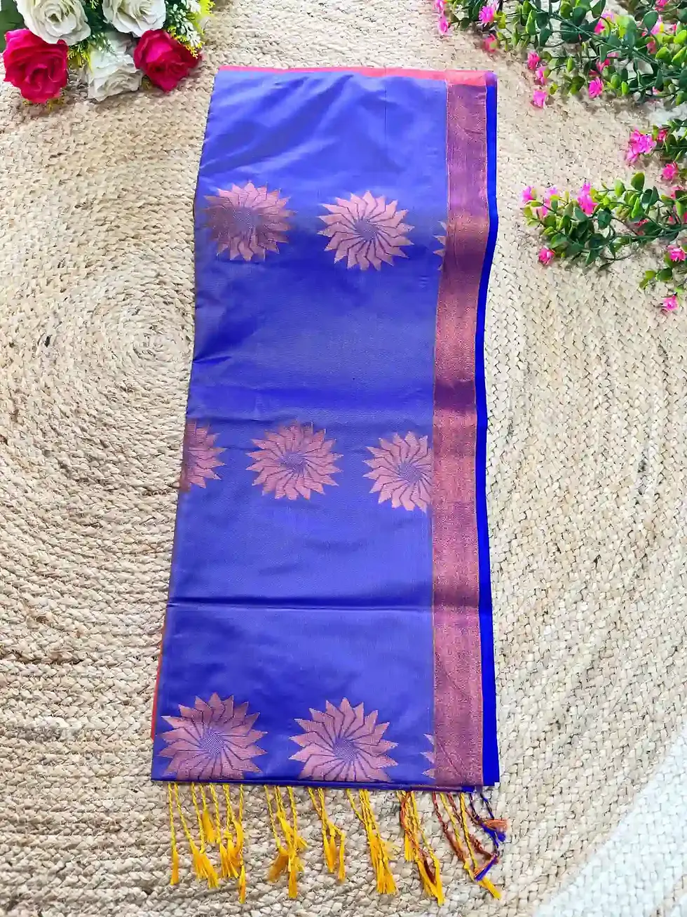 Double Shade Blue Flower Zari Pure Soft Silk Saree body design view