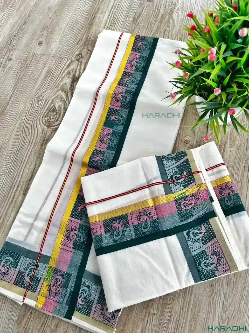 Thumbnail: Double Color Leaf Designer Golden Kasavu Cotton Set Mundu