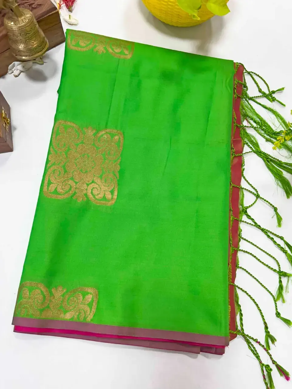 Floral Buttas Green Soft Silk Saree with Tussel and Blouse folded view