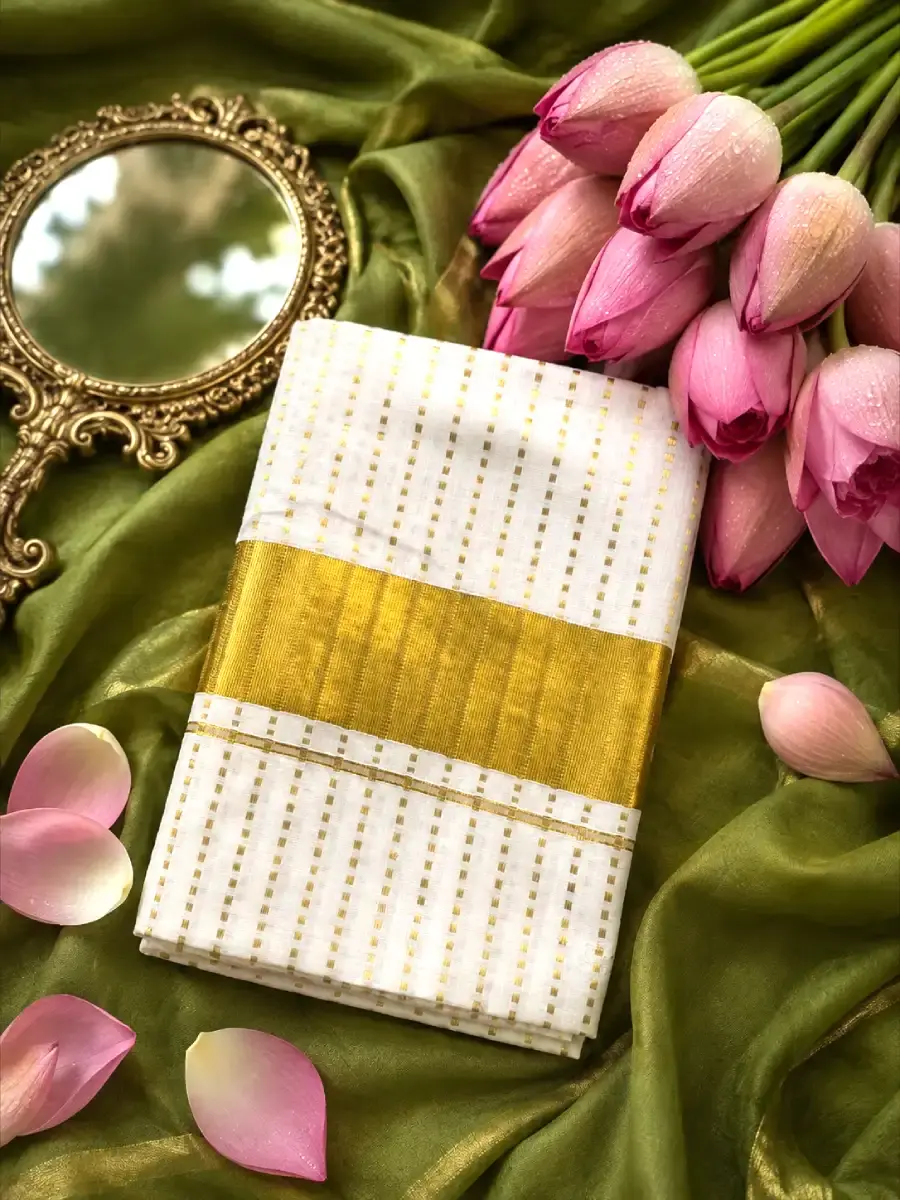 Golden Dot Stripe Cotton Kasavu Kerala Saree With Blouse folded view