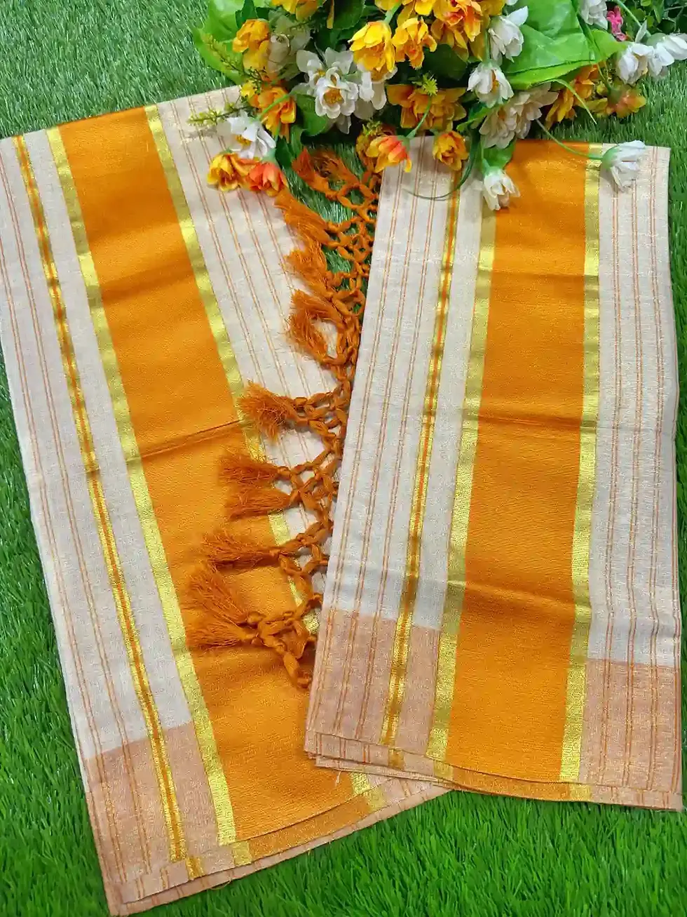 Thumbnail: Double Stripe Kasavu Kara Tussel Tissue Setmundu