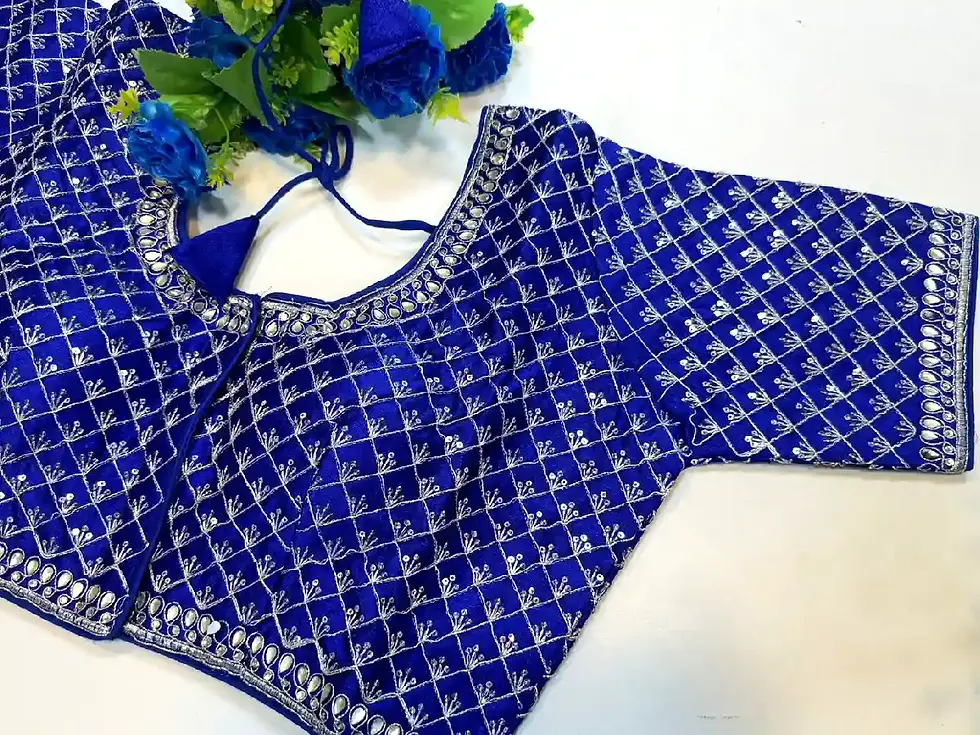 Cobalt Blue and Silver Heavy Sequin Embroidery Blouse right side view