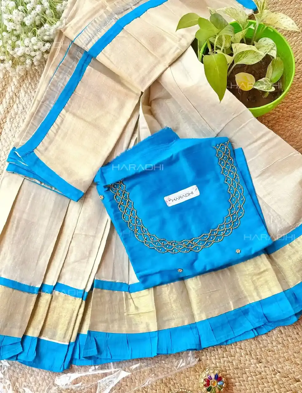 Aqua Blue Tissue Stone Work Dhavani Set with Blouse main view