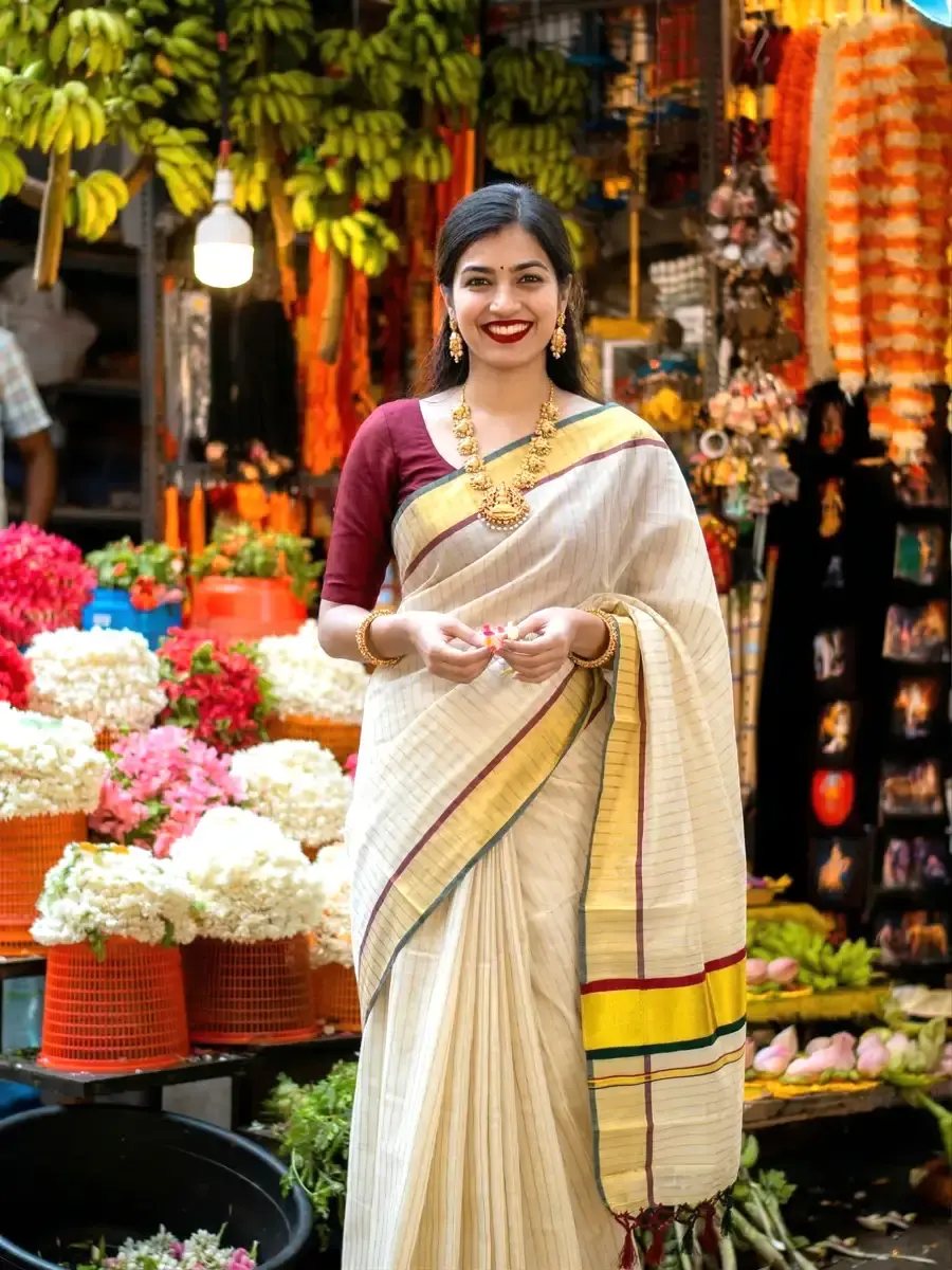 Thumbnail: Handloom Kasavu Saree with Stripes and Maroon & Green Border front view