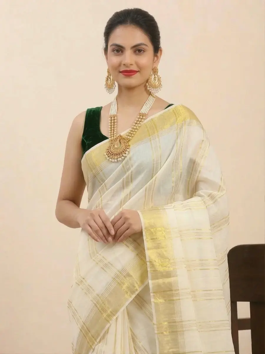 Golden Stripe Cotton Kasavu Saree with Running Blouse closeup view