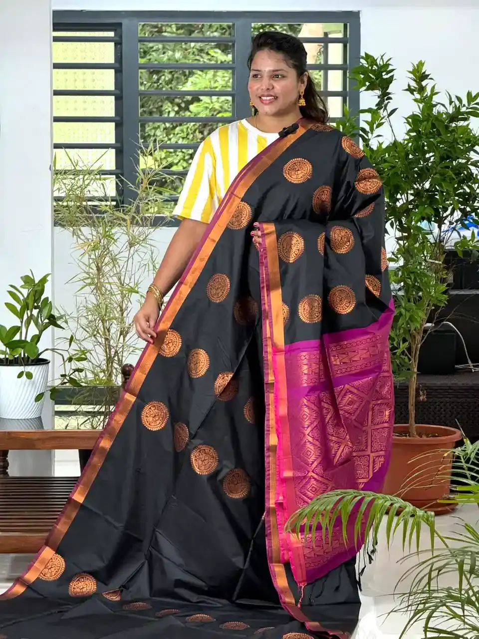 Black and Magenta Copper Zari Soft Silk Saree main view