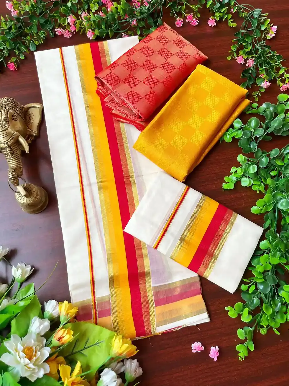Mango & Red Kasavu Cotton Set Mundu with Blouse top view
