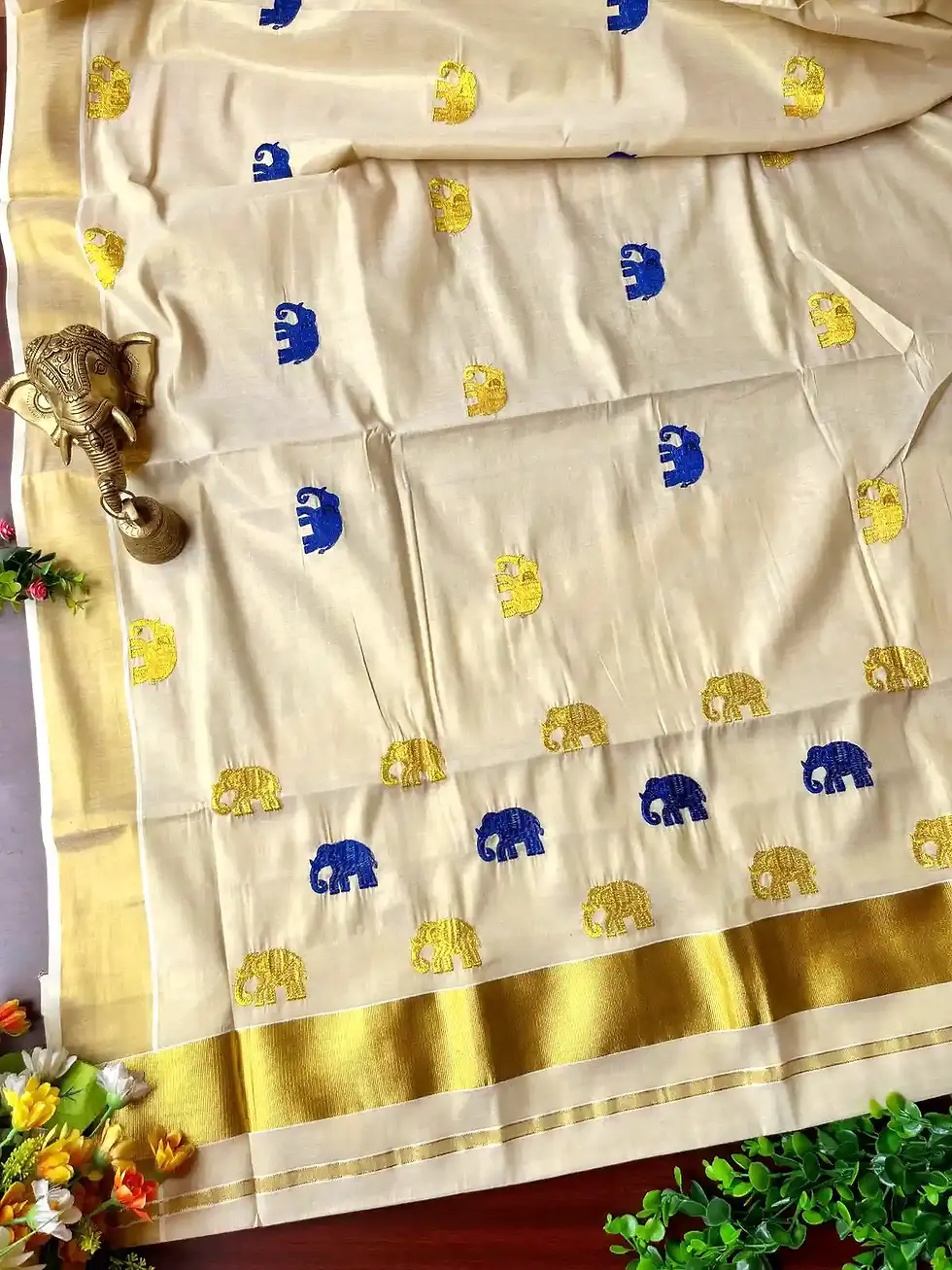 Berry Blue and Golden Gajah Embroidery Kasavu Tissue Saree main view