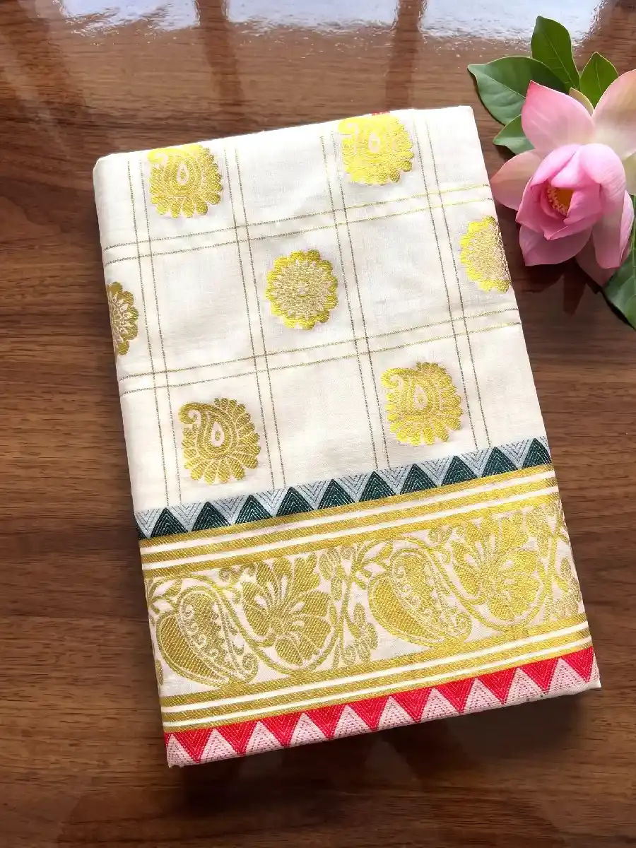 Balaramapuram Temple Check & Mango Buttas Handloom Jacquard Kasavu Saree folded view