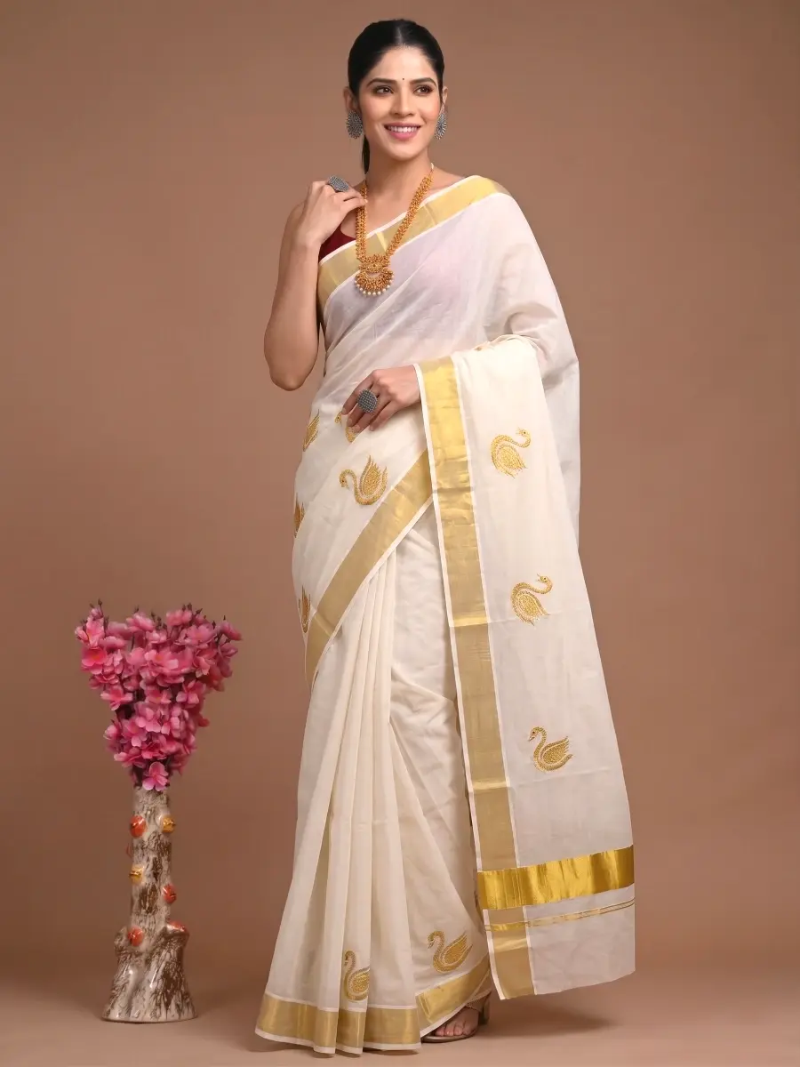 Thumbnail: Golden Swan Embroidery Kasavu Cotton Saree with Running Blouse