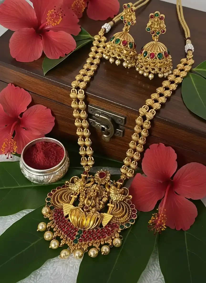 Lakshmi Lotus Premium Necklace Haram Set main view