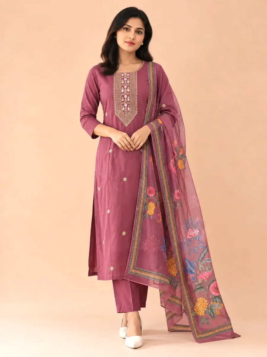 Thumbnail: Mauve Taupe Embroidery Designer Roman Silk 3 Piece Kurti Set full view
