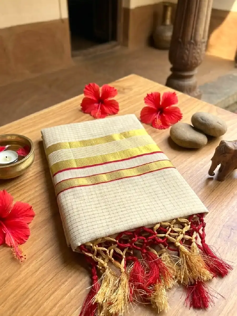 Thumbnail: Tiny Block Kasavu Tissue Red Border Saree with Blouse saree folded view
